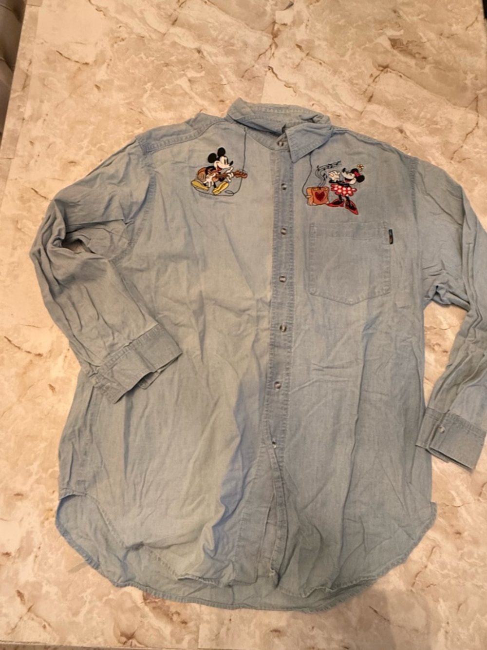 Light Blue Denim Mickey & Minnie Embroidered Button-Up Shirt